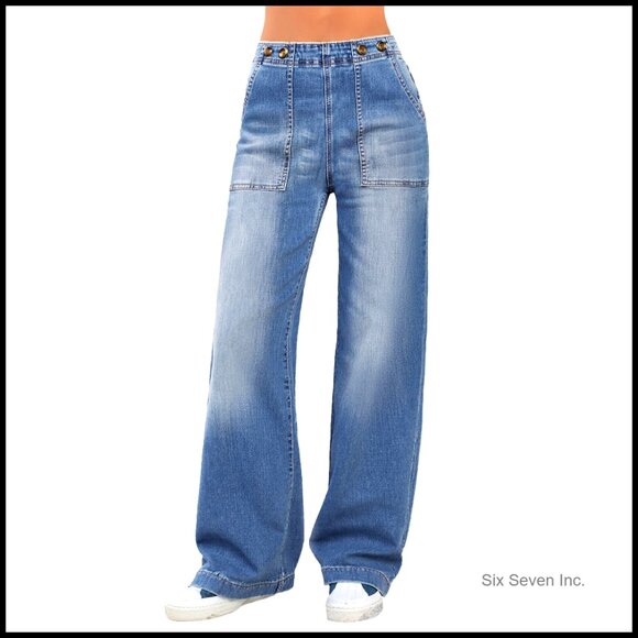 Wide Leg Jeans Tummy Control Stretchy Denim Pants Straight Fit Casual